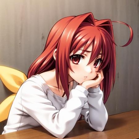 1678597094691852-1340484184-solo, Kagami Sumika, red hair, ahoge, red eyes, looking at viewer, casual clothes, resting head on hands, yellow bow.png